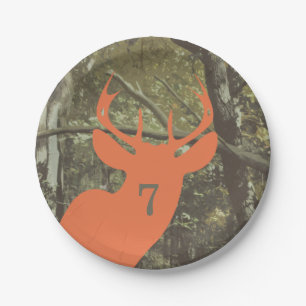 Orange Deer Head Camouflage Hunting Birthday Paper Plate
