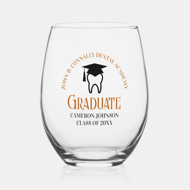 Orange Dental School Custom Dentist Graduation Stemless Wine Glass (Front)