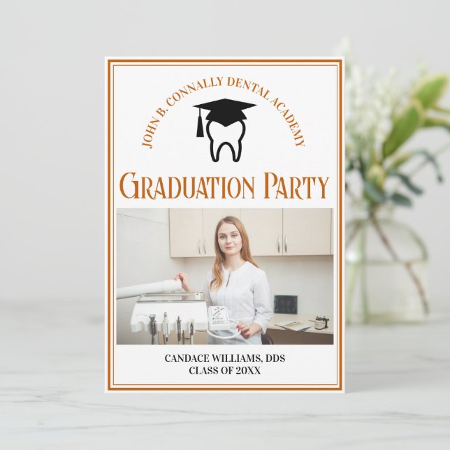 Orange Dental School Photo Custom Graduation Party Invitation (Standing Front)