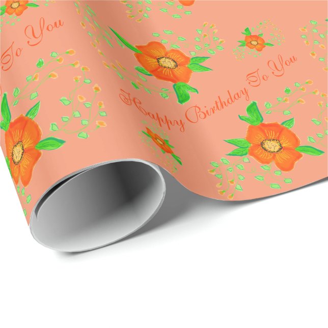 Orange Designer Floral Birthday Gift Wrap (Roll Corner)