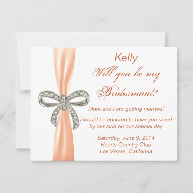 Orange Diamond Bow Wedding Bridesmaid Card (Front)