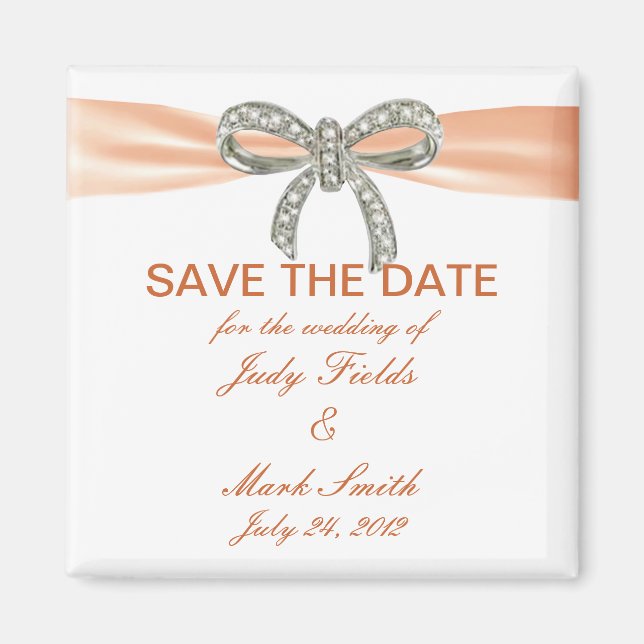 Orange Diamond Bow Wedding Save The Date Magnet (Front)