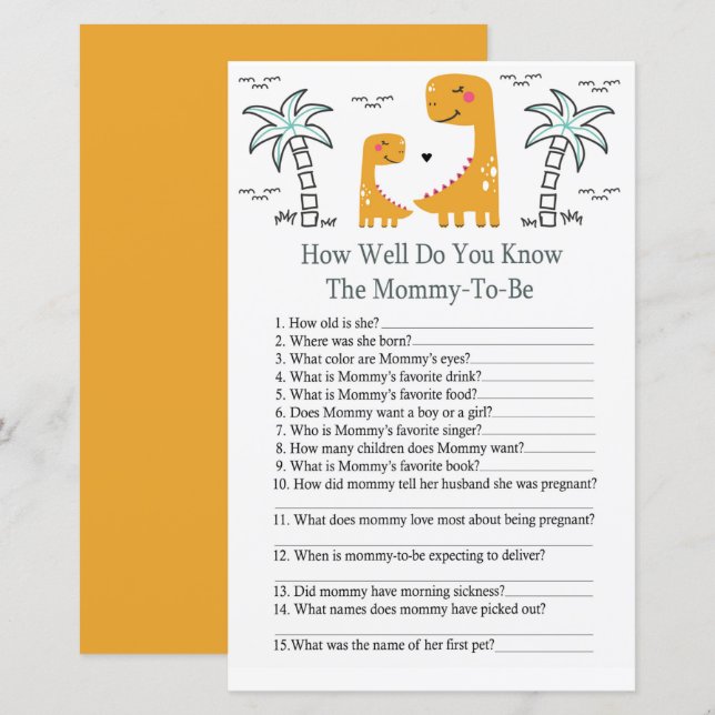 Orange Dino How well do you know baby shower game (Front/Back)