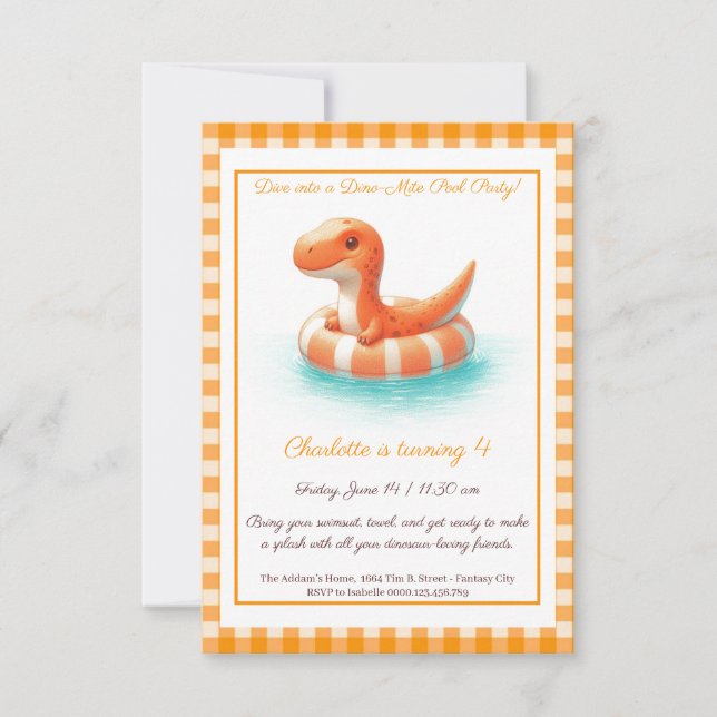 Orange Dino Pool Party – Birthday Invitation (Front)