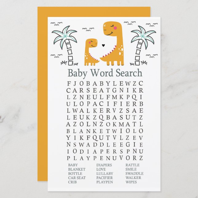 Orange Dinosaur Baby Shower Word Search Game (Front/Back)