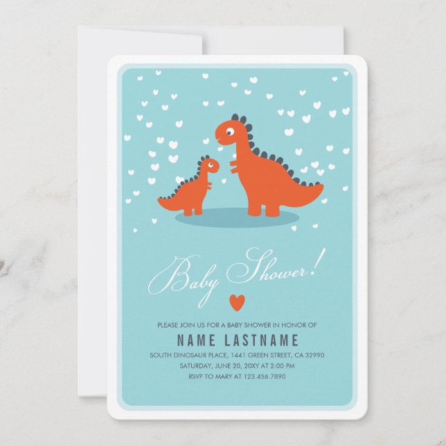 Orange Dinosaur Blue Baby Shower Invite Rounded (Front)