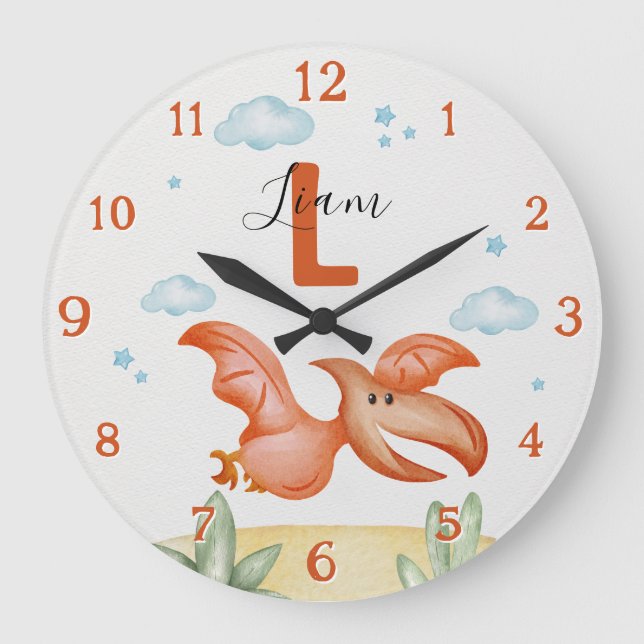 Orange Dinosaur Nursery Wall Clock Personalized (Front)