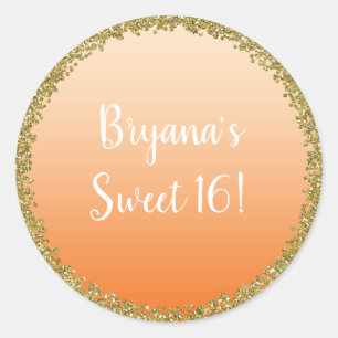Orange Dipped Gold Glitter Glam Sparkle Party Classic Round Sticker