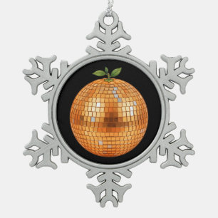 Orange Disco Ball Snowflake Pewter Christmas Ornament