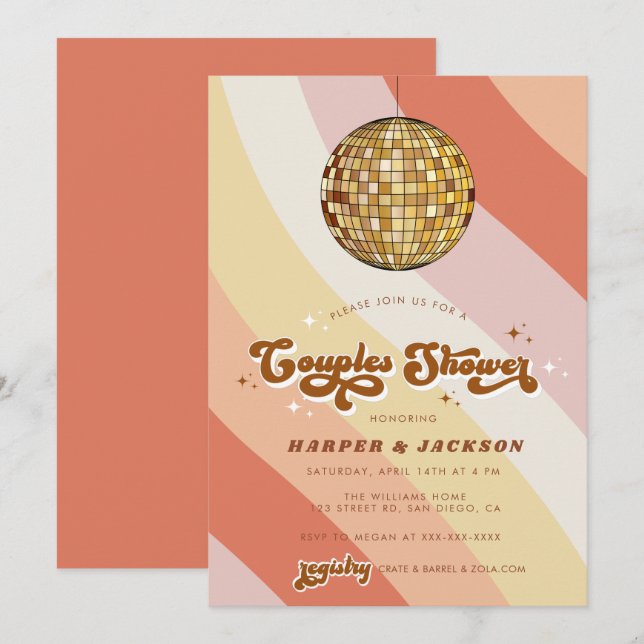 Orange Disco Retro 70s Couples Shower  Invitation (Front/Back)