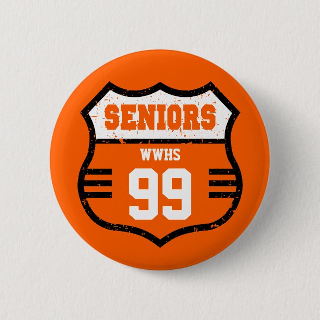 Orange Distressed Seniors Road Sign 6 Cm Round Badge (Front)