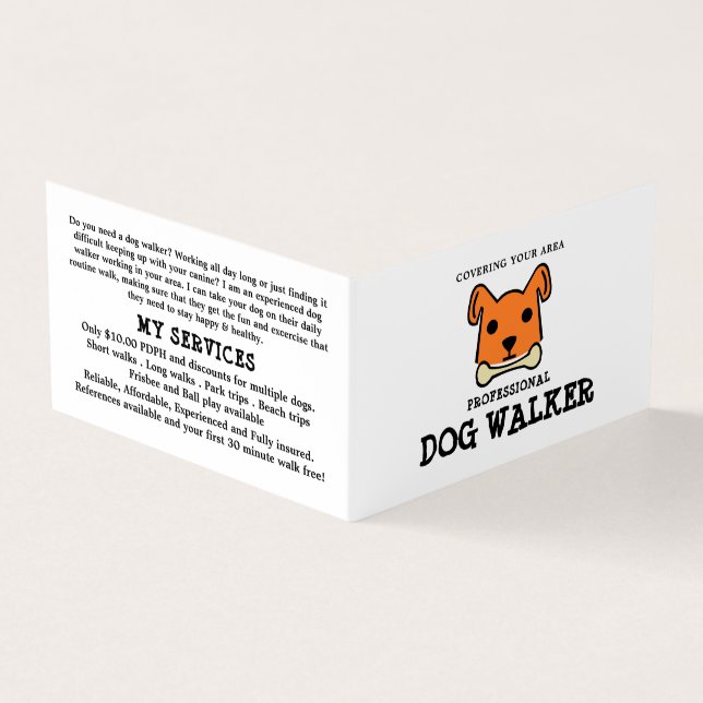 Orange Dog with Bone, Dog Walker Detailed Business Card (Outside)
