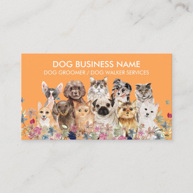 Orange Dogs Cats Breeds Grooming Service Business Card (Front)