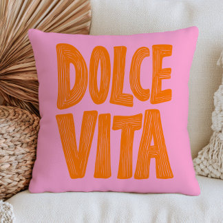 Orange Dolce Vita on Pastel Pink Modern Italian Cushion