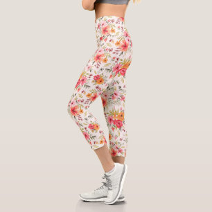 Orange Doodle Garden Flower Pattern Capri Leggings