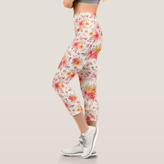 Orange Doodle Garden Flower Pattern Capri Leggings