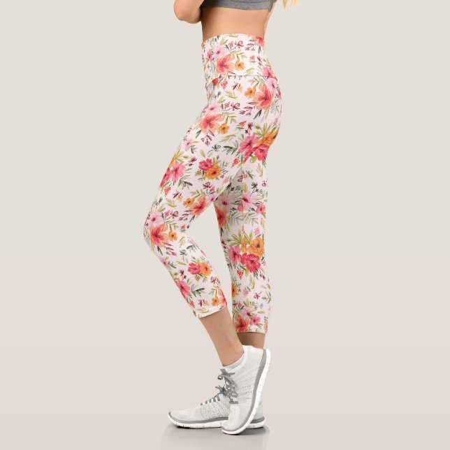 Orange Doodle Garden Flower Pattern Capri Leggings (Left)