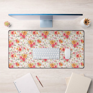 Orange Doodle Garden Flower Pattern Desk Mat