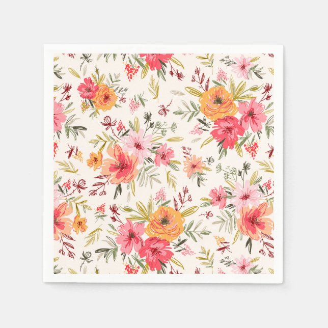 Orange Doodle Garden Flower Pattern Napkin (Front)