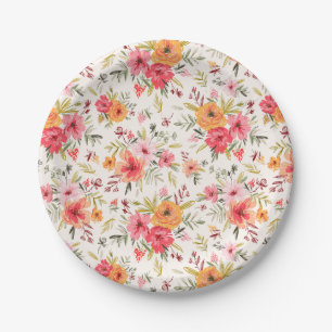 Orange Doodle Garden Flower Pattern Paper Plate