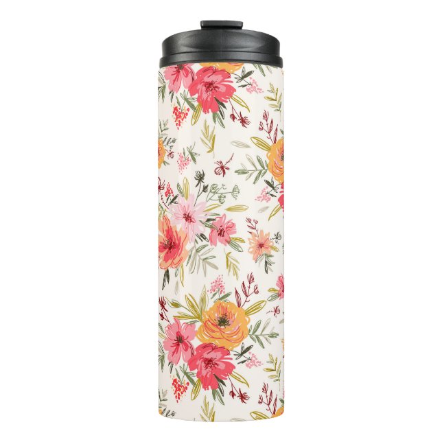 Orange Doodle Garden Flower Pattern Thermal Tumbler (Front)