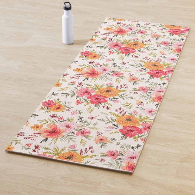 Orange Doodle Garden Flower Pattern Yoga Mat (In Situ)