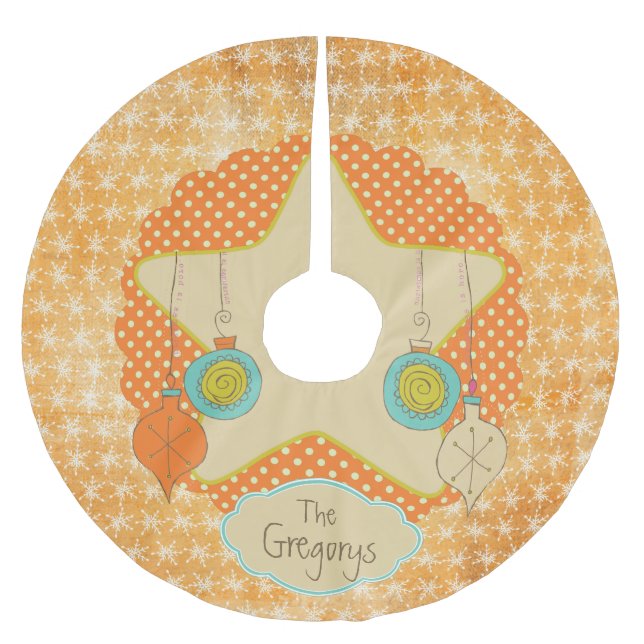 Orange Dots and Snowflakes Personalised Tree Skirt (Front)
