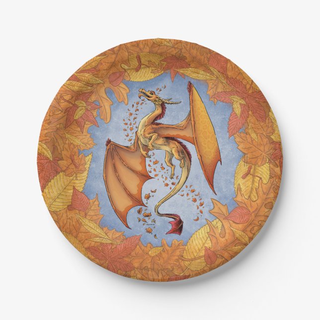 Orange Dragon of Autumn Nature Fantasy Art Paper Plate (Front)