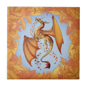 Orange Dragon of Autumn Nature Fantasy Art Tile