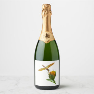 Orange Dragonfly on Yellow Rosebud Sparkling Wine Label