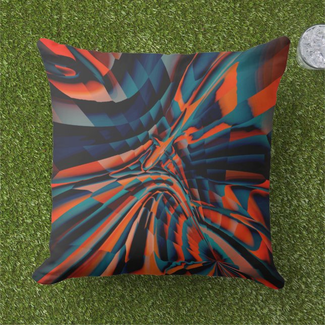 Orange drawing of squares aligned on twisted base  cushion (Grass)