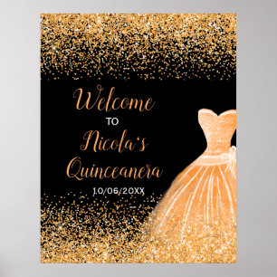 Orange Dress Faux Glitter Quinceanera Welcome Poster