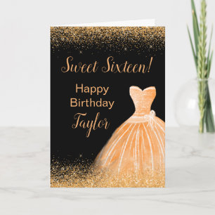 Orange Dress Faux Glitter Sweet 16 Birthday Card