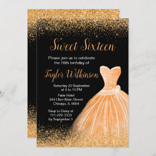 Orange Dress Faux Glitter Sweet 16 Birthday Invitation