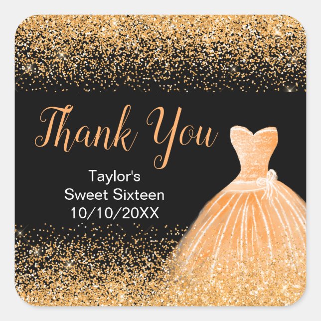 Orange Dress Faux Glitter Sweet 16 Birthday Square Sticker (Front)
