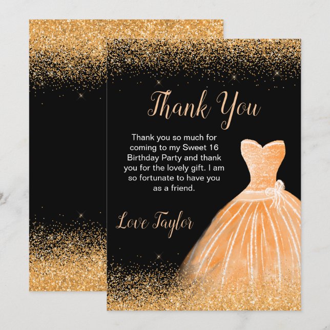 Orange Dress Faux Glitter Sweet 16 Birthday Thank You Card (Front/Back)