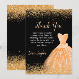 Orange Dress Faux Glitter Sweet 16 Birthday Thank You Card