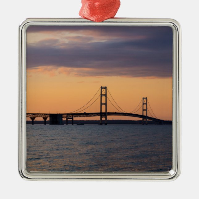 Orange Dusk Mackinac Bridge Metal Tree Decoration (Front)