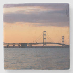 Orange Dusk Mackinac Bridge Stone Coaster