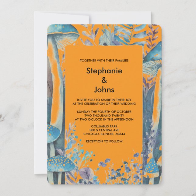 Orange Dusty Blue Woodland Mushroom Boho Wedding Invitation (Front)