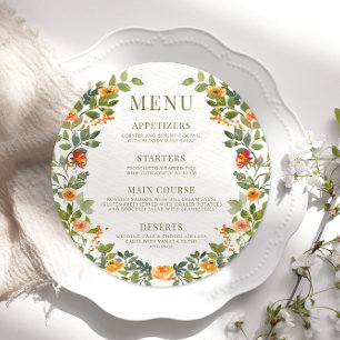 Orange dusty green floral round Menu Card Plate