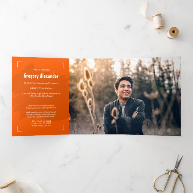 Orange Edgy Abstract Brushstroke Photo Graduation Tri-Fold Invitation (Inside)