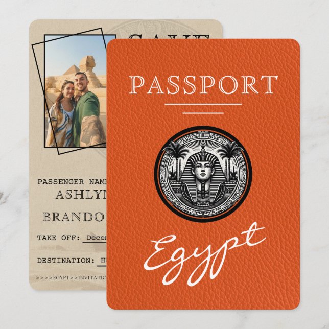Orange Egypt Passport Wedding Save the Date (Front/Back)