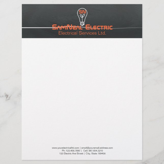 Orange electrician -logo lightbulb design personalized letterhead (Front)