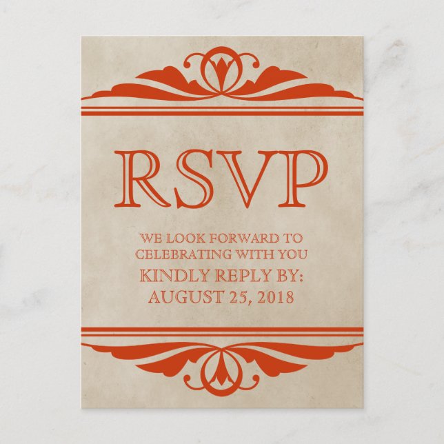Orange Elegant Deco RSVP Postcard (Front)