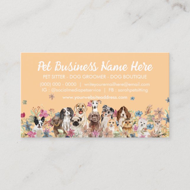 Orange Elegant Flowers Dog Groomer Business Card (Front)