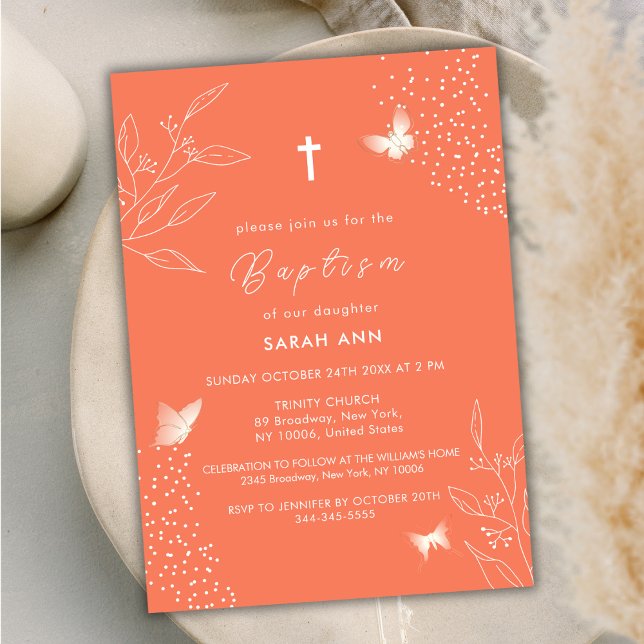 Orange Elegant Leaves Butterfly Cross Baptism Invitation (Orange Elegant Leave Butterfly Cross Baptism Invitation)