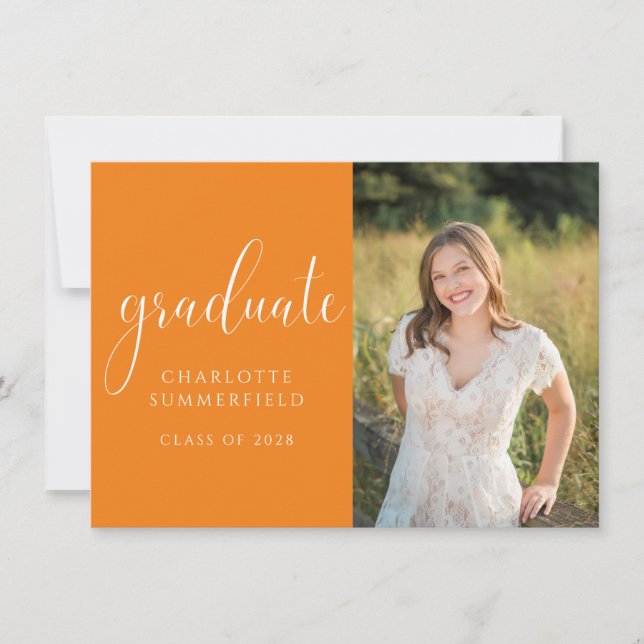 Orange Elegant Script Graduation Photo Invitation (Front)