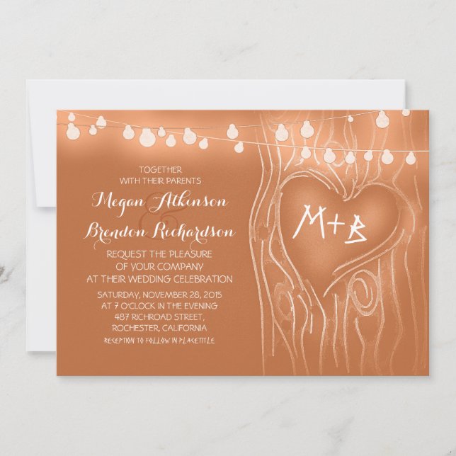 Orange elegant string lights tree romantic wedding invitation (Front)