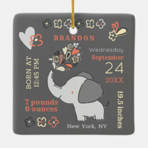 Orange Elephant Birth Stats Baby's First Christmas Ceramic Ornament
